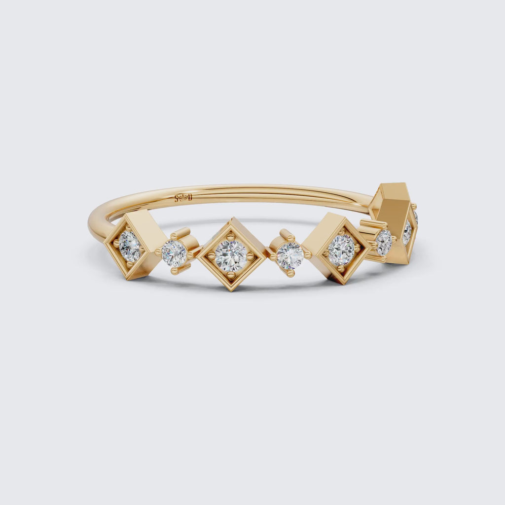 Art Deco Inspired Geometric Diamond Wedding Band in Lab Diamond-14k Solid Gold, Unique Band For Her,