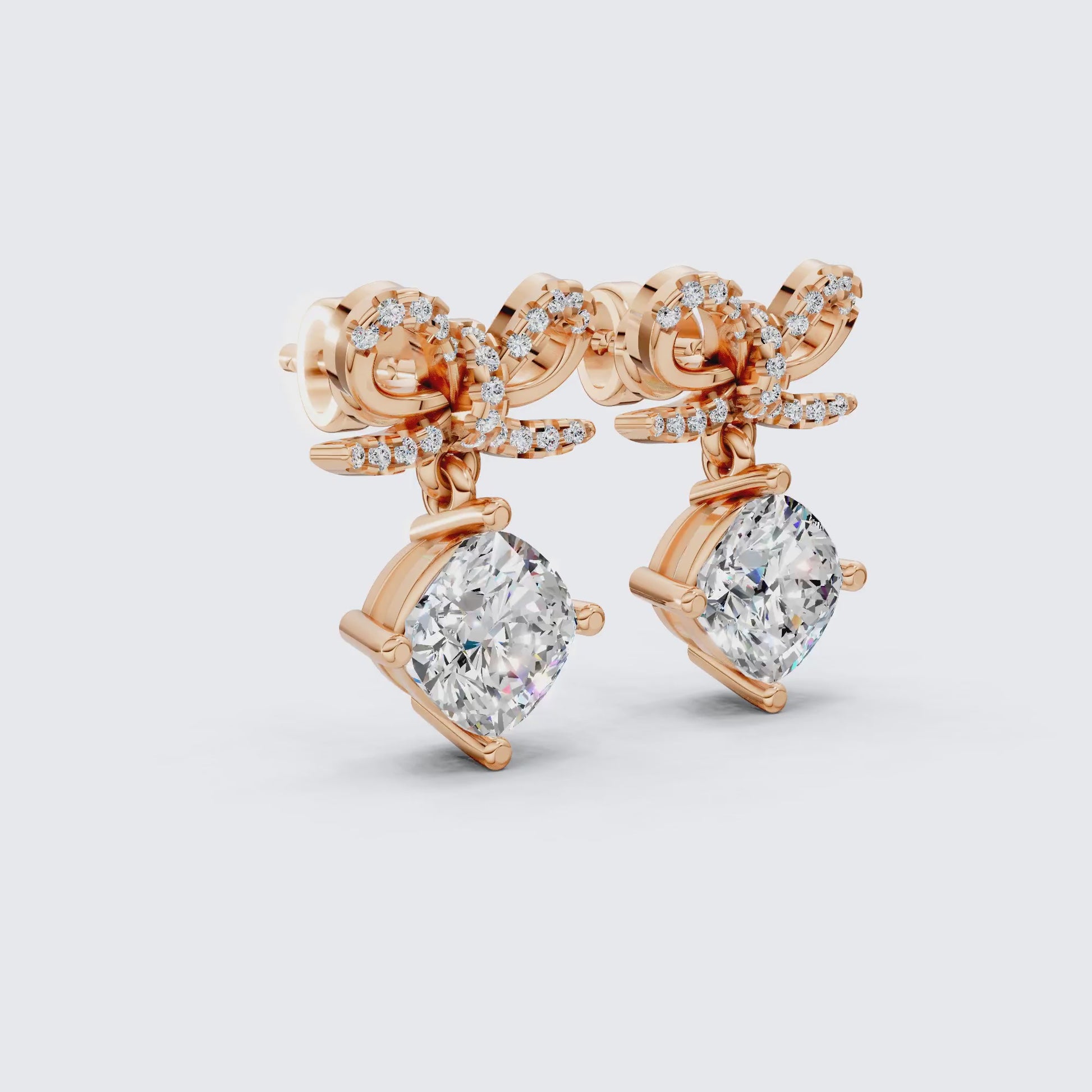 Bow Ribbon Pavé Round Solitaire Drop Weddings in 14k Solid Gold, 2.50 TCW Cushion Cut Lab Created Diamonds, Elegant Earrings, Bridal Gift for Her