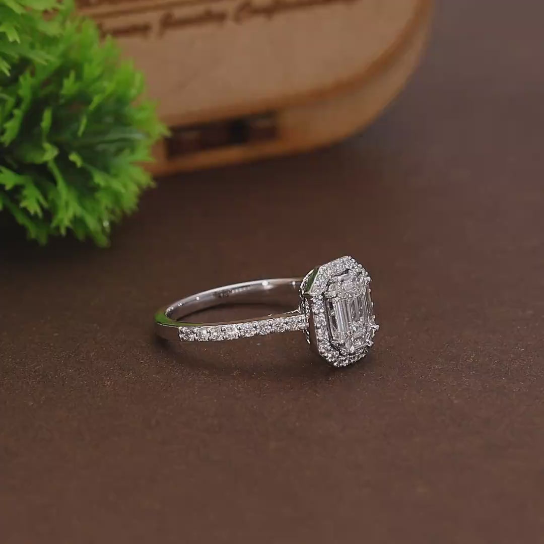 Illusion Emerald Halo Pave Engagement Ring in 14k Solid Gold, emerald-cut illusion center made of meticulously arranged natural or lab-grown diamonds, Birthday Gift For Women