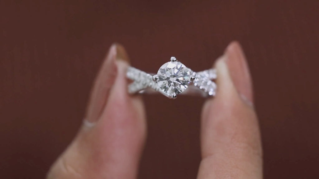 Twist Crossover Pavé Solitaire Engagement Ring in 14k Solid Gold, 1.00 CT Round Cut Lab Grown Diamond, Bypass Ring, Anniversary Gift for Her, Handmade Jewelry