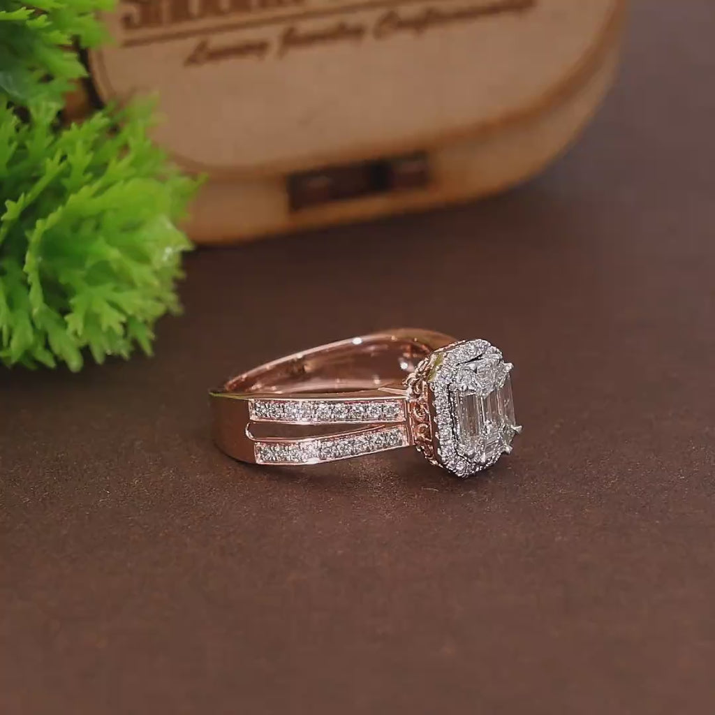 Emerald Cut Pie-Cut Illusion Halo Split Shank Engagement Ring in Natural Diamond – 18K Solid Gold, Anniversary Gift for Wife, Bridal Jewelry