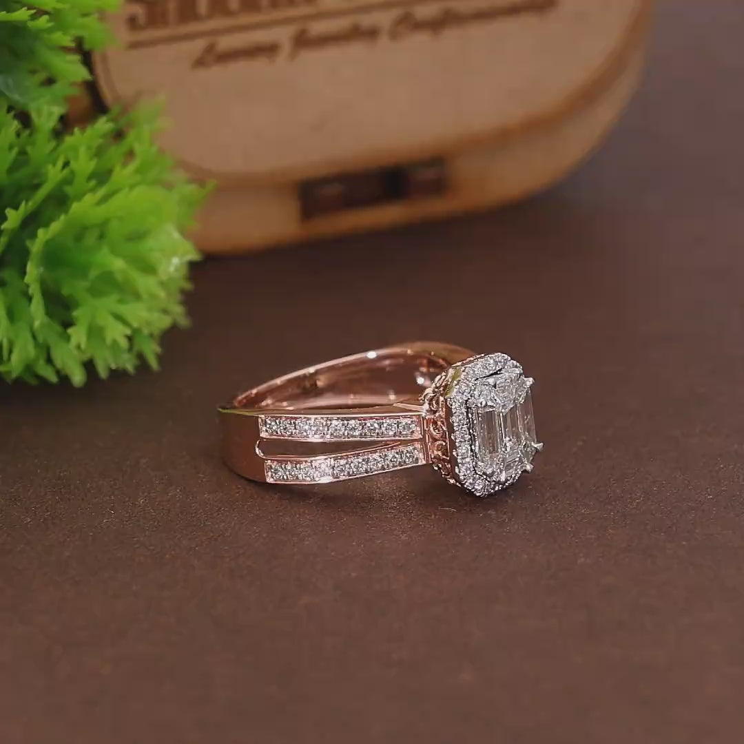Emerald Cut Pie-Cut Illusion Halo Split Shank Engagement Ring in Natural Diamond – 18K Solid Gold, Anniversary Gift for Wife, Bridal Jewelry