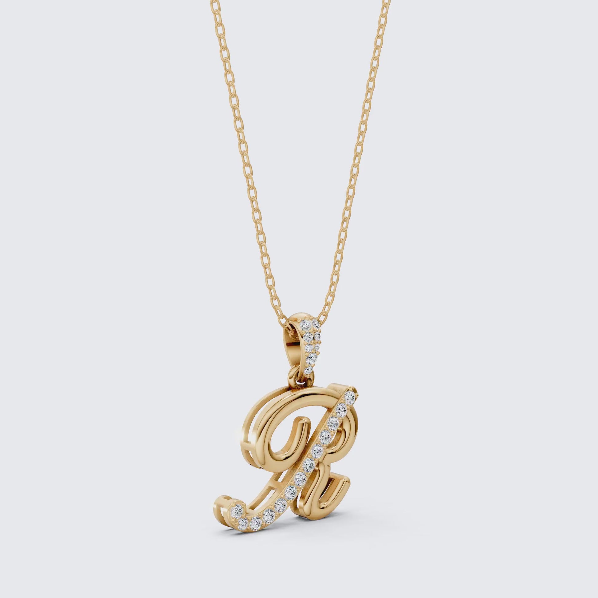 Cursive Script R Pavé Initial Pendant in Lab Grown Diamond - 14k Solid Gold, Birthday Gift For Him/Her, Handmade Everyday Jewelry