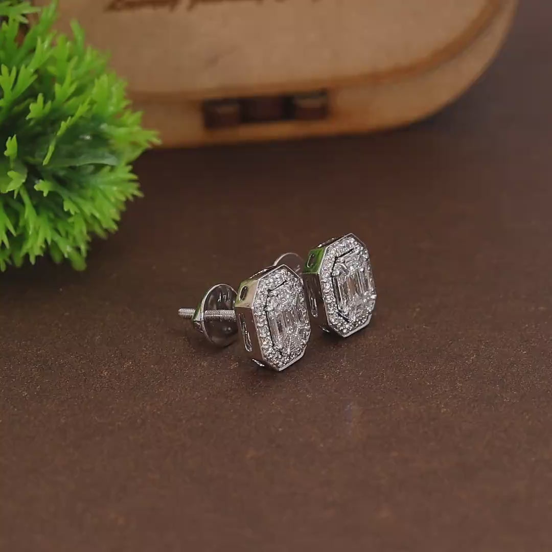 Emerald Cut Illusion Halo Stud Wedding Earrings in Natural Diamond– 14k Solid Gold, 1.05 TCW Round Cut Natural Diamonds, Anniversary Gift for Wife, Everyday Handmade Jewelry
