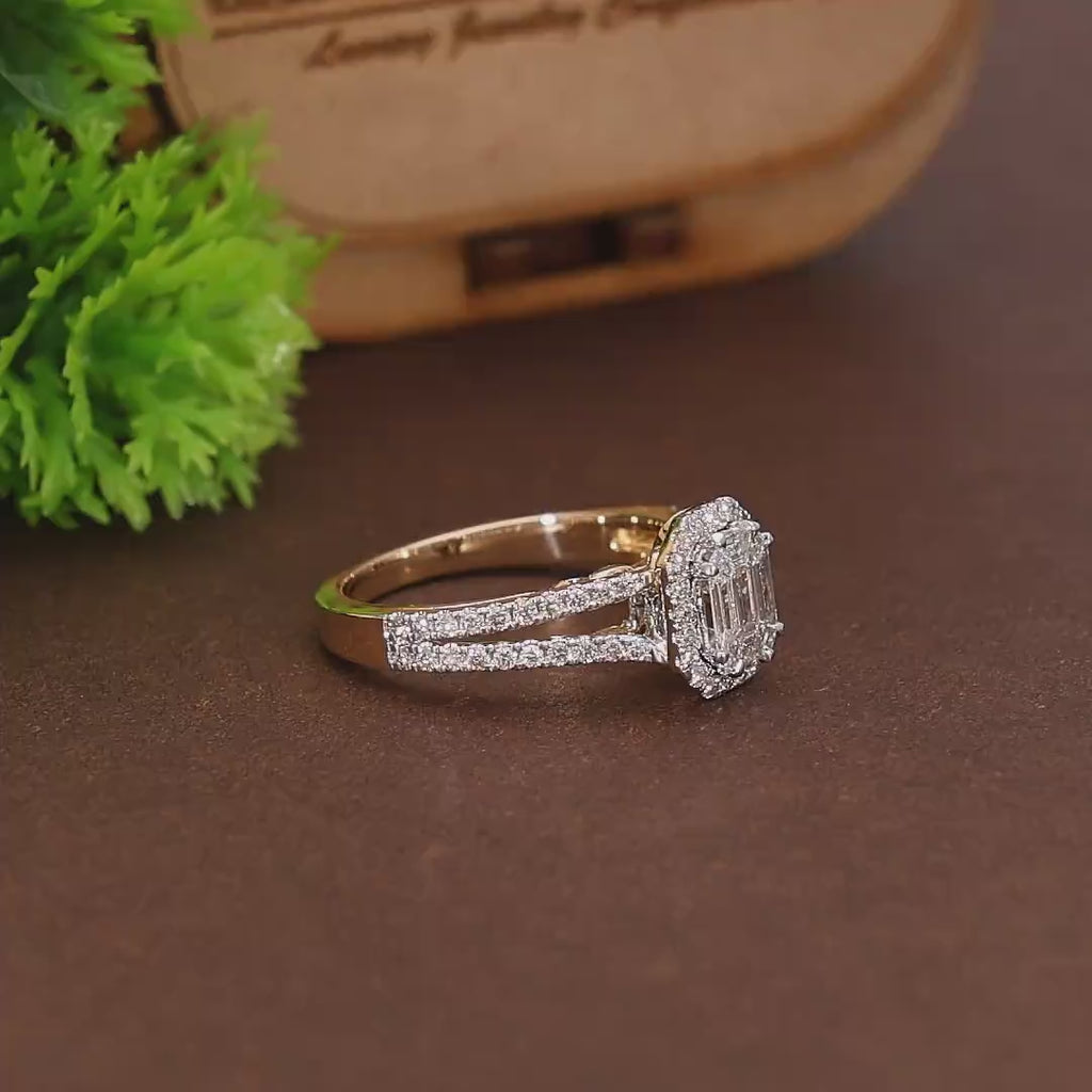 Pie-Cut Emerald Illusion Halo Split Shank Engagement Ring in Natural Diamonds – 14k Solid Gold, Pie Cut Ring For Women, Anniversary Gift, Handmade Jewelry