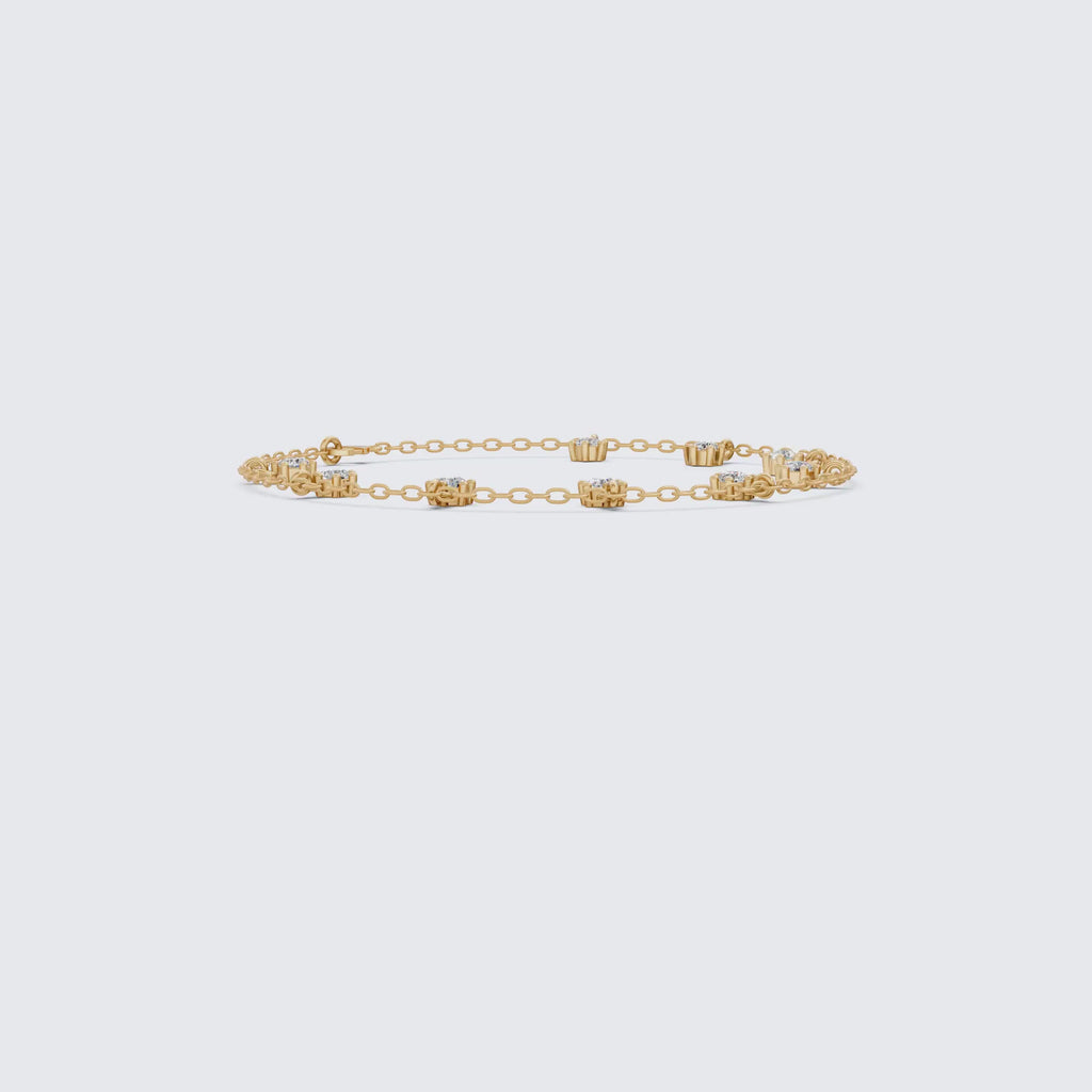 Round Station Diamond And Chain Bracelet in Lab Grown Diamond-14k Solid Gold, Handmade Chain Bracelet, Wedding Gift for Wife
