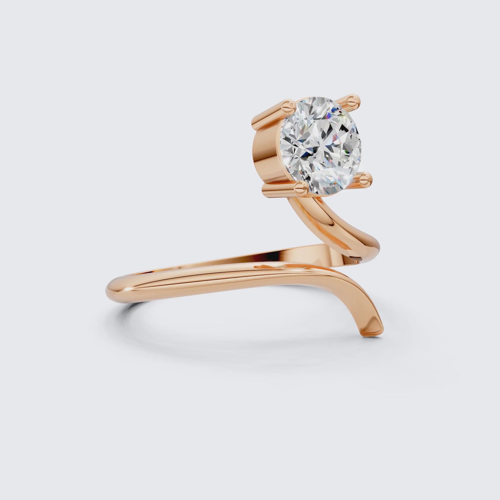 Twisted Band Bypass Solitaire Engagement Ring in 14k Solid Gold, 1.00 CT Round Cut Lab Created Diamond, Unique Shank Ring, Anniversary Gift for Women