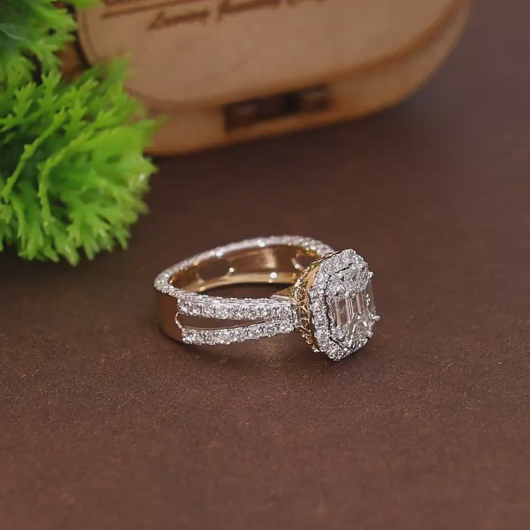 Modern Pie Cut Illusion Halo Pave Engagement Ring in Natural Diamond – 14k Solid Gold, Gift for Wife, Bridal Jewelry, Double Eternity Unique Ring