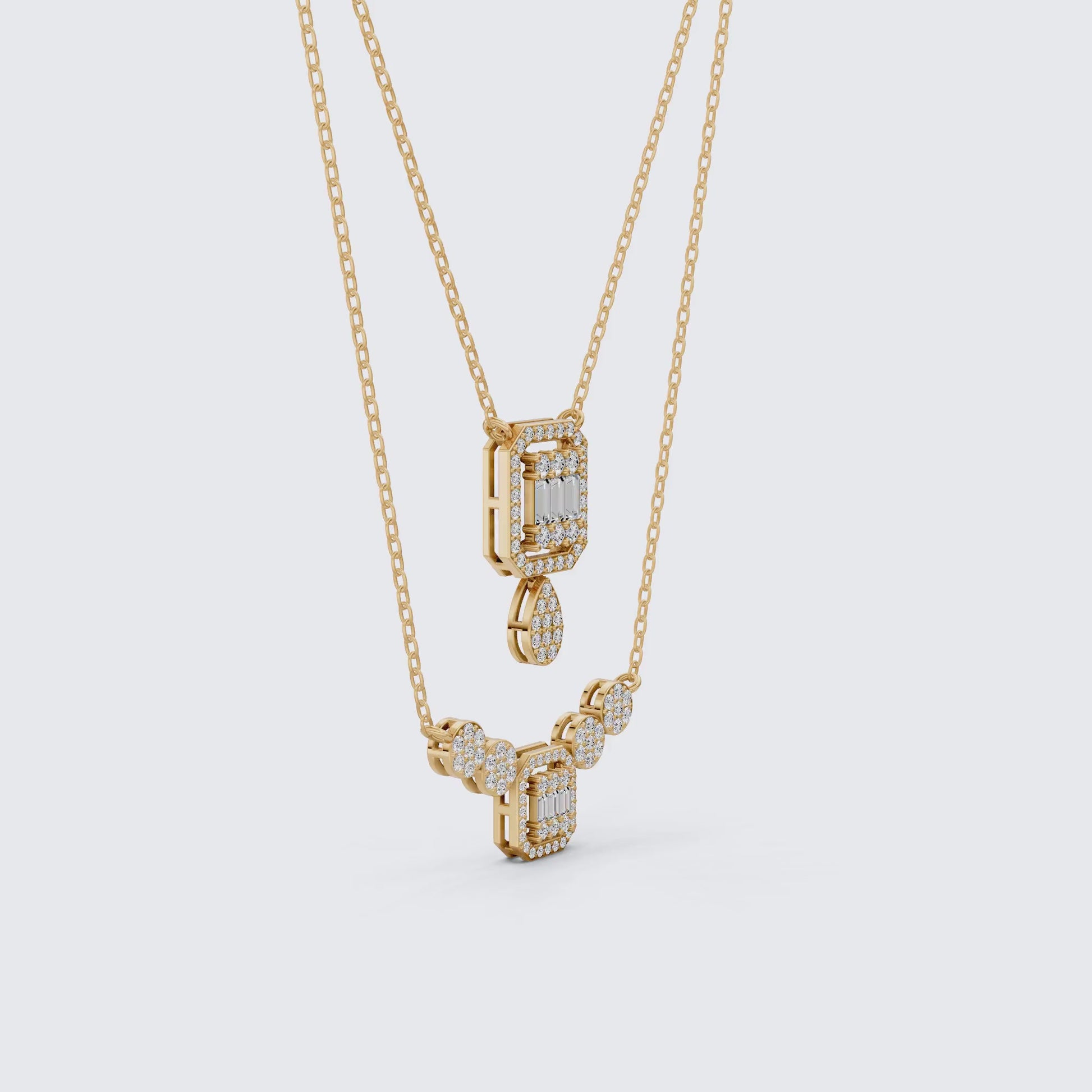 Double Layered Art Deco Baguette Halo Pendant Necklace in Lab Diamond-14k Solid Gold, Bridal Gift for Women, Wedding Jewelry