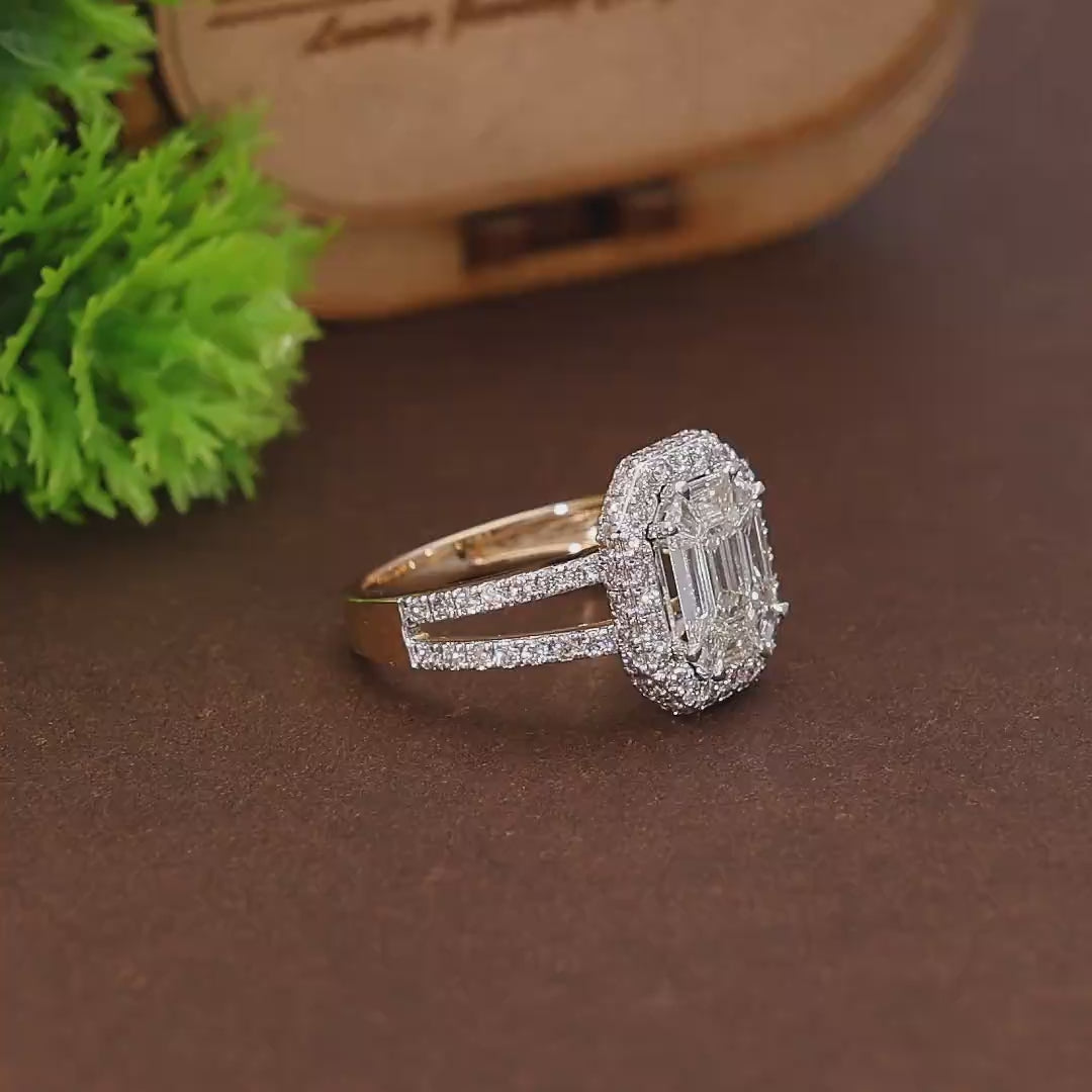 Illusion Halo Pave Split Shank Engagement Ring in Natural Diamond 14k Solid Gold, Anniversary Gift for Wife, Handmade Bridal Jewelry, Everyday Illusion Ring