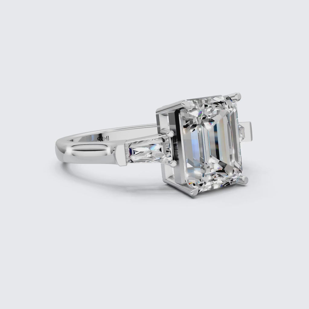 Elegant Emerald Cut Three Stone Engagement Ring in 14K White Gold, Bridal Jewelry, Handmade Jewelry