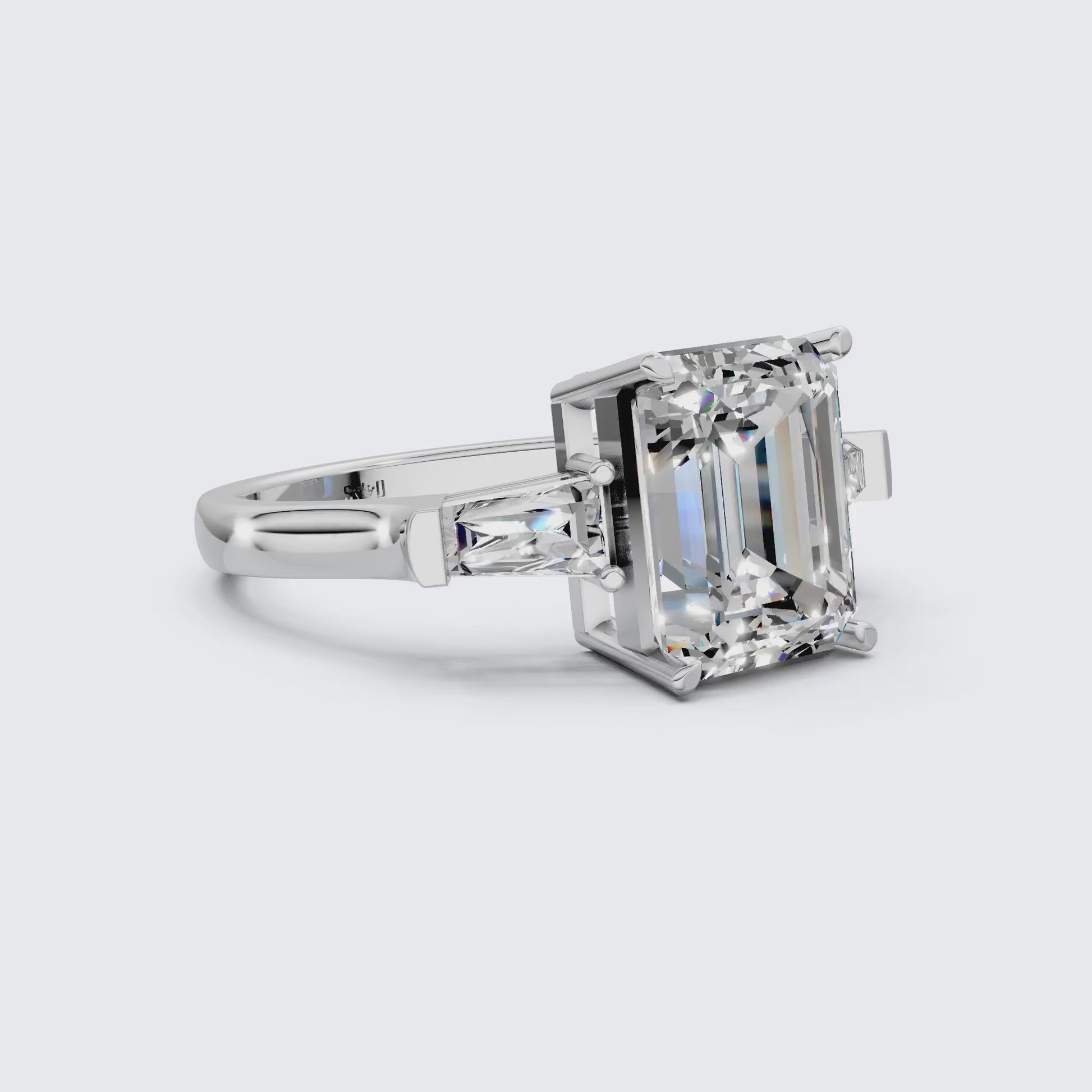 Elegant Emerald Cut Three Stone Engagement Ring in 14K White Gold, Bridal Jewelry, Handmade Jewelry