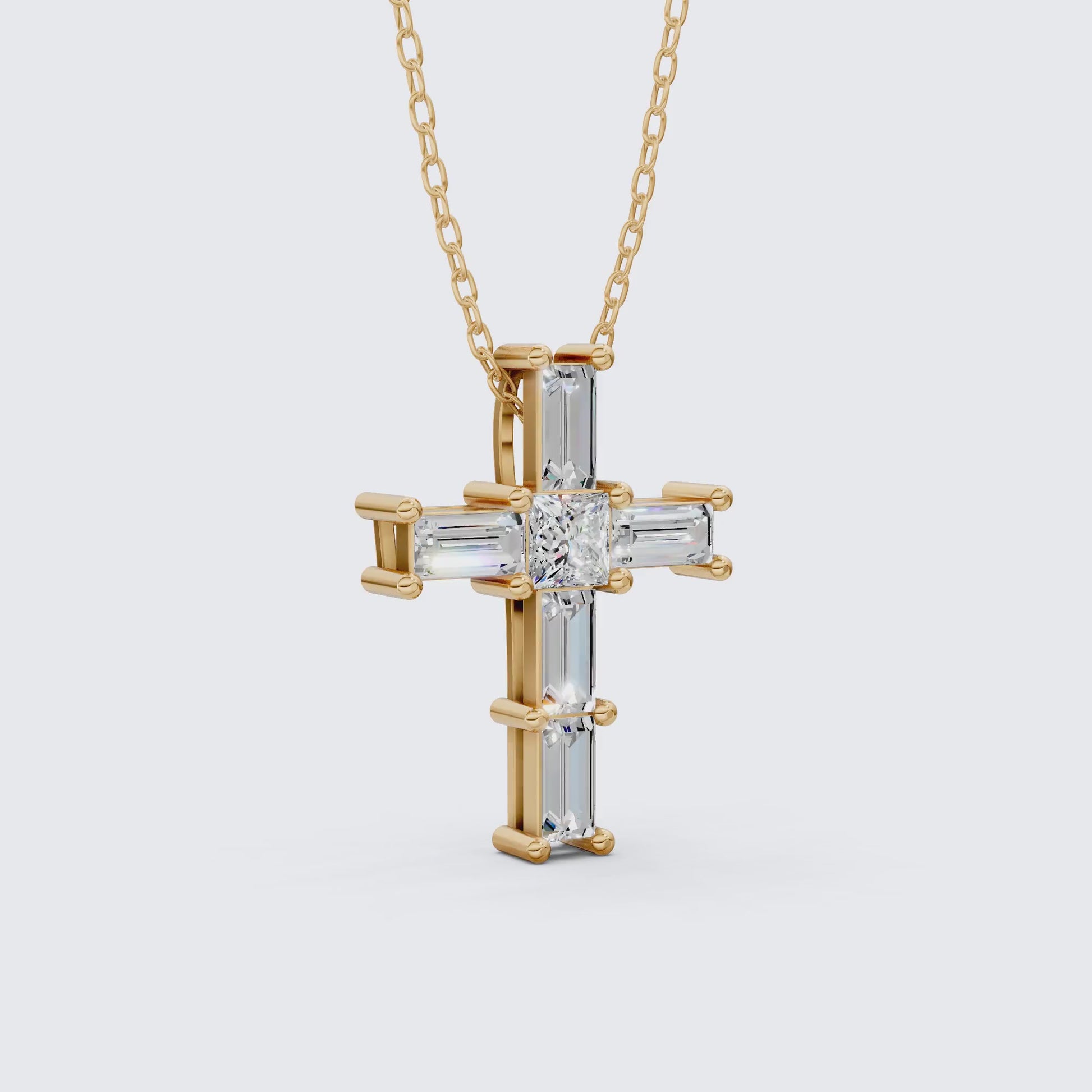 Elegant Baguette & Princess Cut Cross Modern Pendant in Lab Diamond 14k Solid Gold, Wedding Gift for Women, Jesus Cross Jewelry