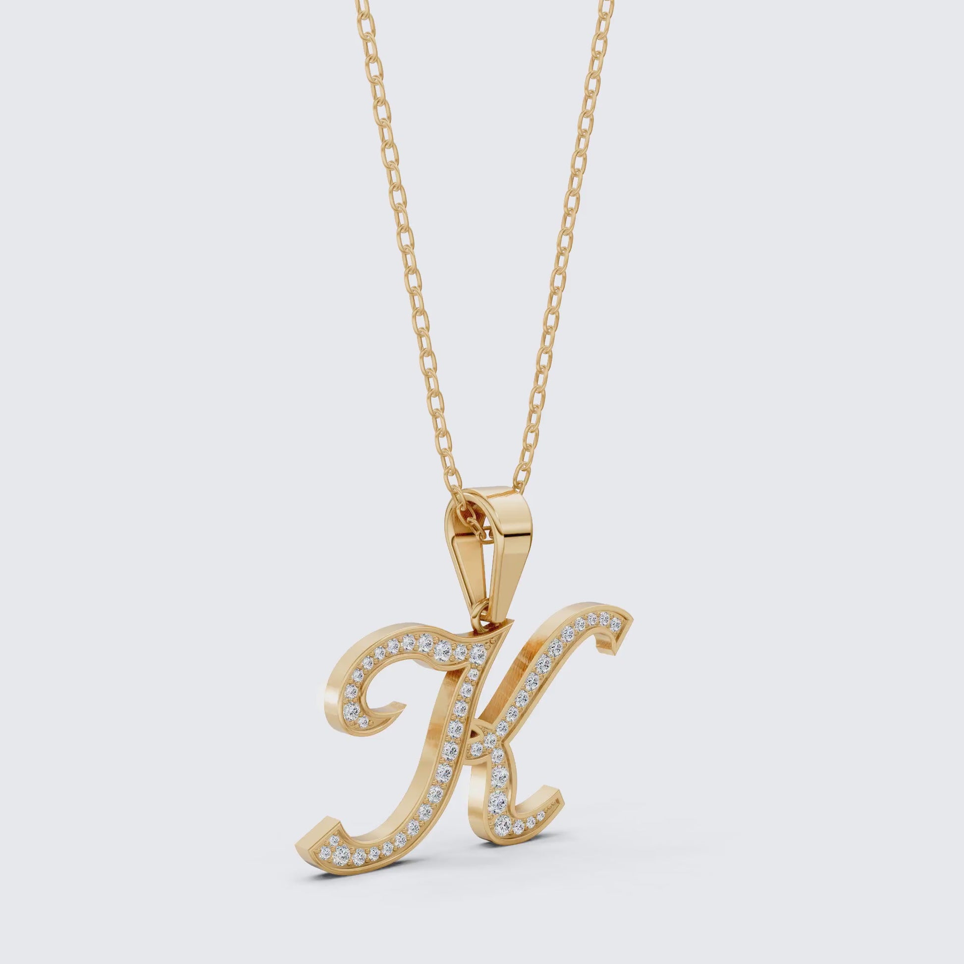 Personalized Pavé Cursive K Initial Pendant in Lab Grown Diamond-14k Solid Gold, Birthday Gift for Her/Him, Everyday Handmade Jewelry