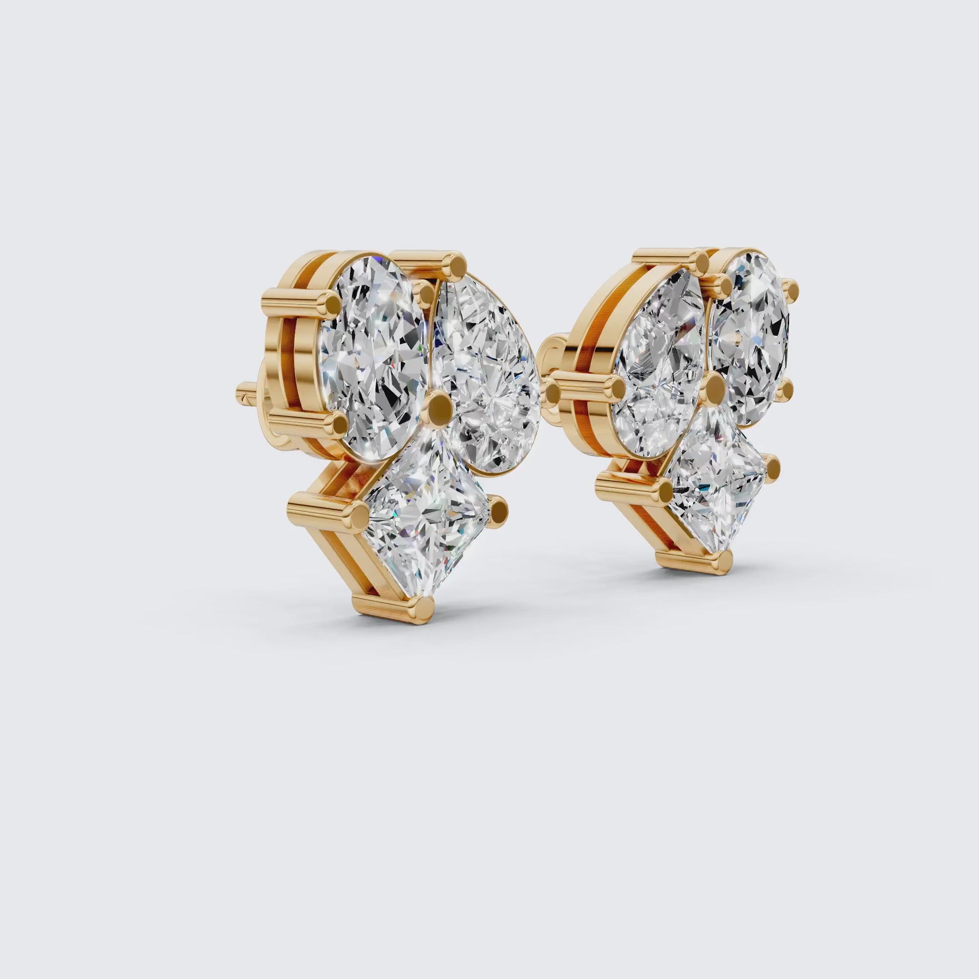 Three Stone Mixed Shape Diamond Look Cluster Stud Earrings in 14k Solid Gold, Bridal Jewelry