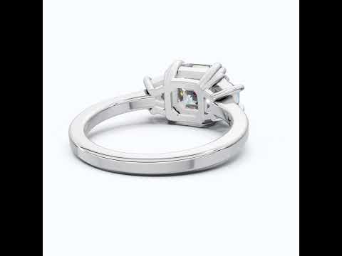 Asscher Cut Three Stone Engagement Ring with Tapered Side Stones in Moissanite or Lab Grown Diamond – Solid 14k/18k Gold or Silver Engagement Gift, Handmade Jewelry