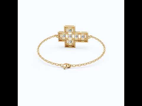 Jesus Cross Pavé Cluster Cross Chain Bracelet in 14k Solid Gold, 2.14 TCW Princess/Round Cut Lab Diamonds, Faith Gift for Her, Handmade Jewelry