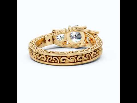 Vintage Three Stone Pave Filigree Engagement Ring in 14k Solid Gold, 1.84 TCW Round Cut Lab Created Diamonds, Everyday Gift for Wife