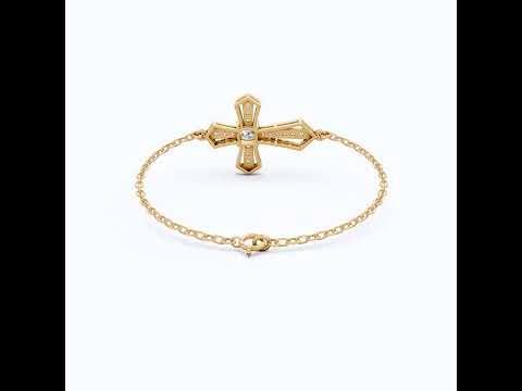 Deco Inspired Cross Bar Chain Bracelet in 14K Solid Gold, 0.40 CT Cushion Cut Lab Created Diamond, Everyday Bracelet, Religious Gift For Wife