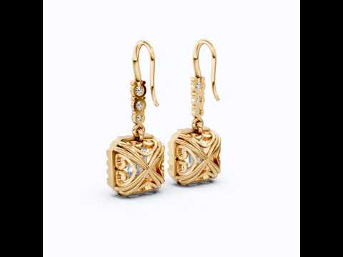 Asscher Halo Filigree Dangle with Round Accents Earrings in Lab Diamond 14k Solid Gold, Wedding Gift for Her