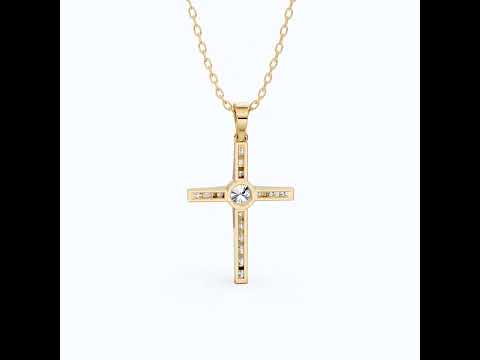 Baguette Channel Set Cross Religious Pendant in 14K Solid Gold, 0.76 TCW Baguette/Round Cut Lab Diamonds, Bridal Jewelry, Everyday Wear Pendant