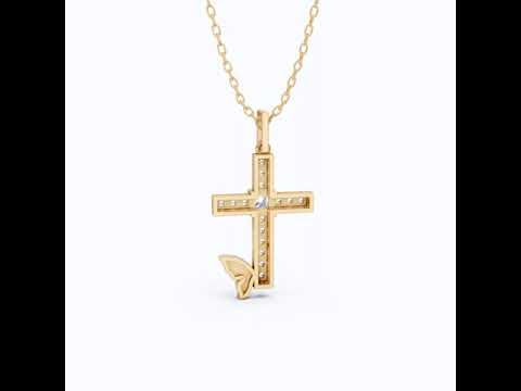 Butterfly Accent Jesus Cross Diamond Pendant in 14K Solid Gold, 0.56 TCW Princess/Round Cut Lab Diamonds, Gift for Her, Religious Jewelry