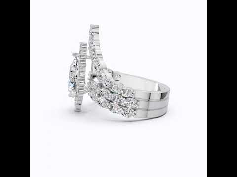 Elegant Pear Halo Chevron Ring Set in 14K White Gold with Lab Diamond, Wedding Bridal Set For Women, Handmade Jewelry