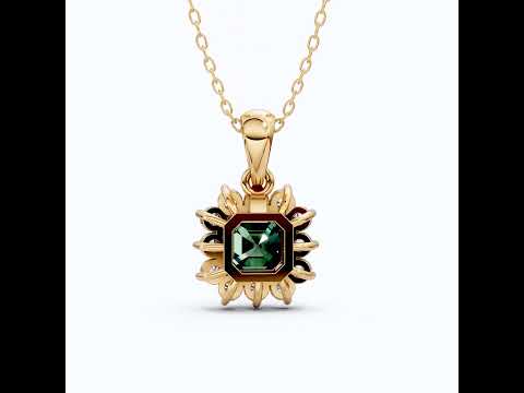 14K Rose Gold Green Gemstone Pendant with Diamond Halo, Asscher Cut Gemstone, Wedding Jewelry, Gift for Wife