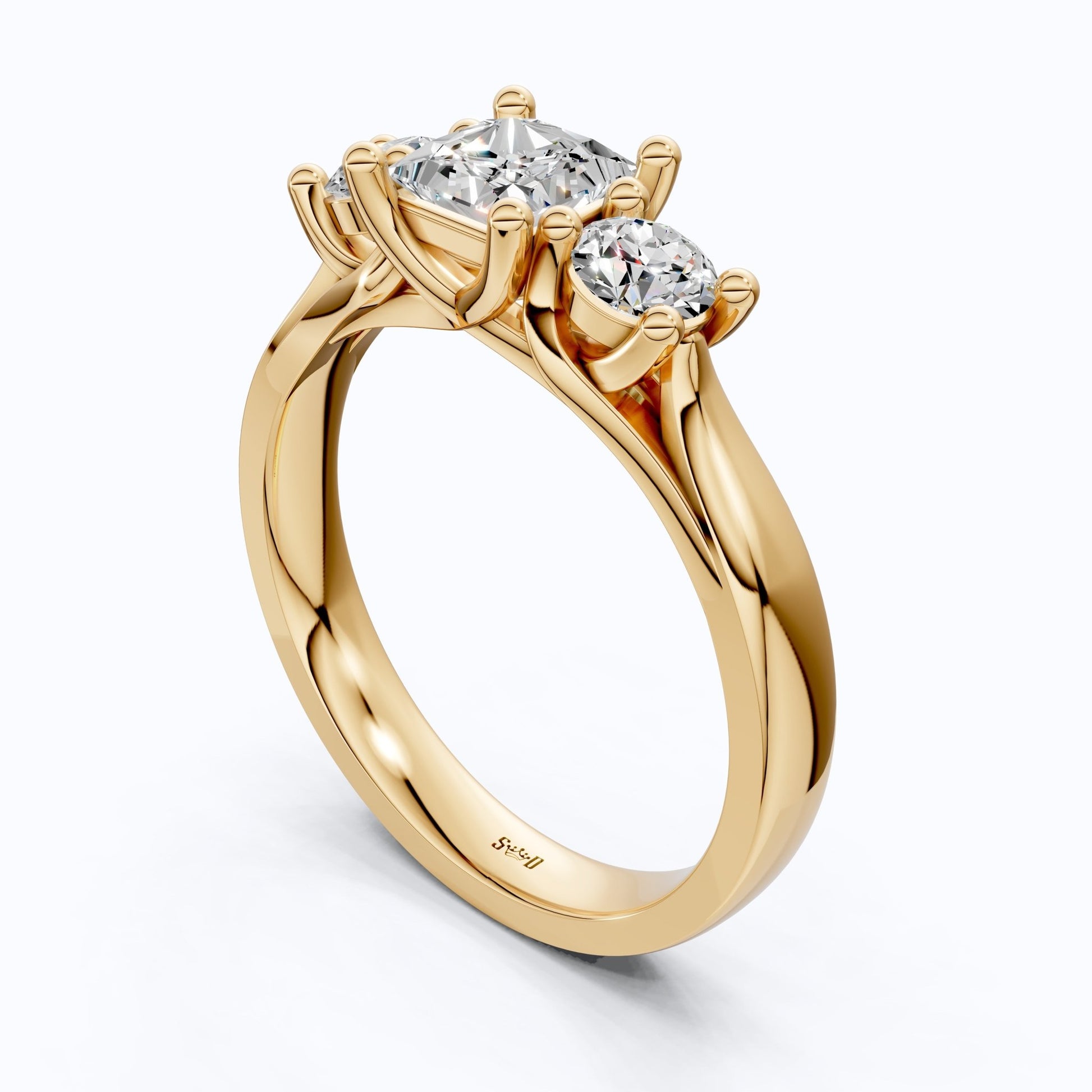 Princess and Round Trio Stone Engagement Ring in 18K Solid Gold, Handmade Jewelry Gift for Wife, Wedding Gift - Shoora Designs