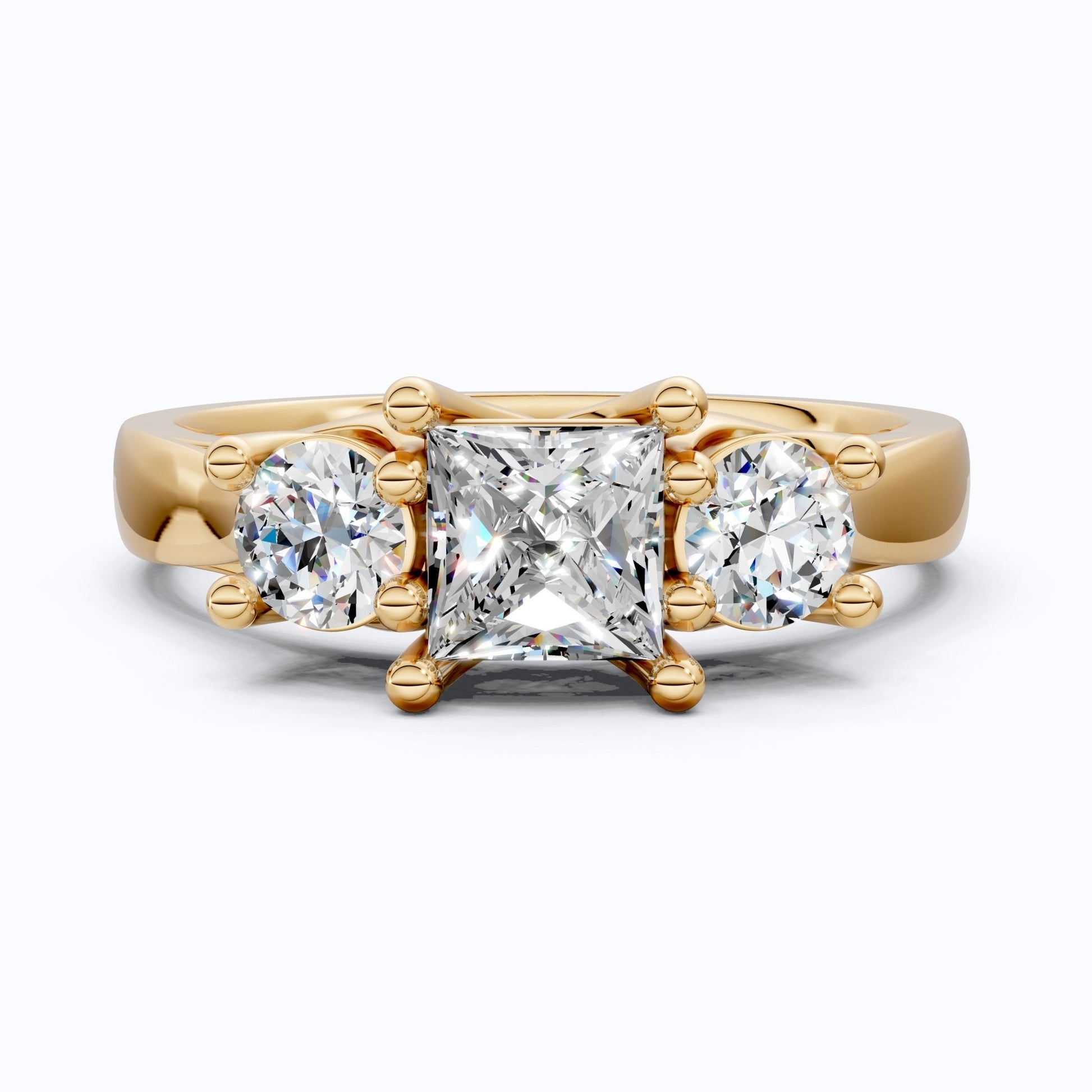 Princess and Round Trio Stone Engagement Ring in 18K Solid Gold, Handmade Jewelry Gift for Wife, Wedding Gift - Shoora Designs