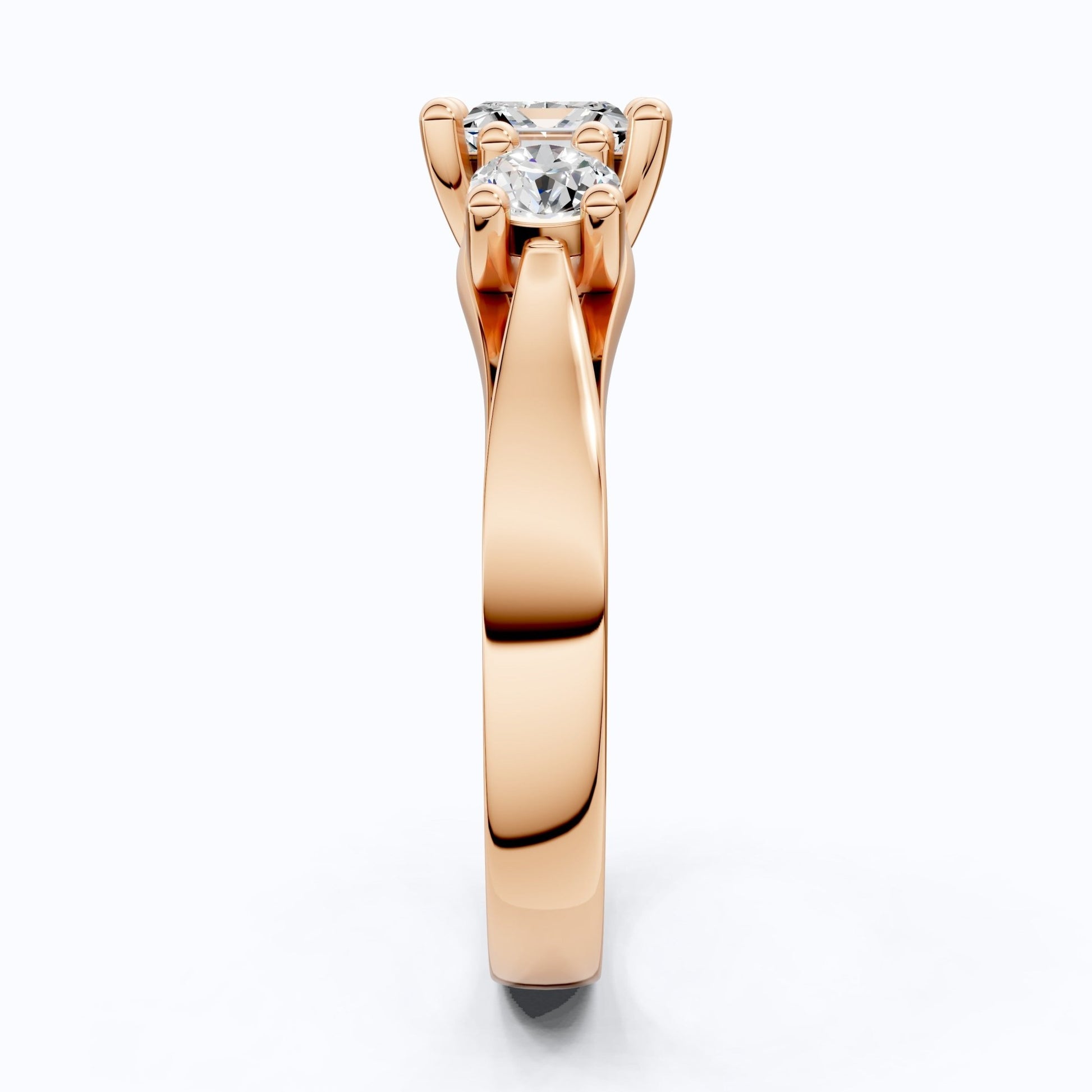 Princess and Round Trio Stone Engagement Ring in 18K Solid Gold, Handmade Jewelry Gift for Wife, Wedding Gift - Shoora Designs