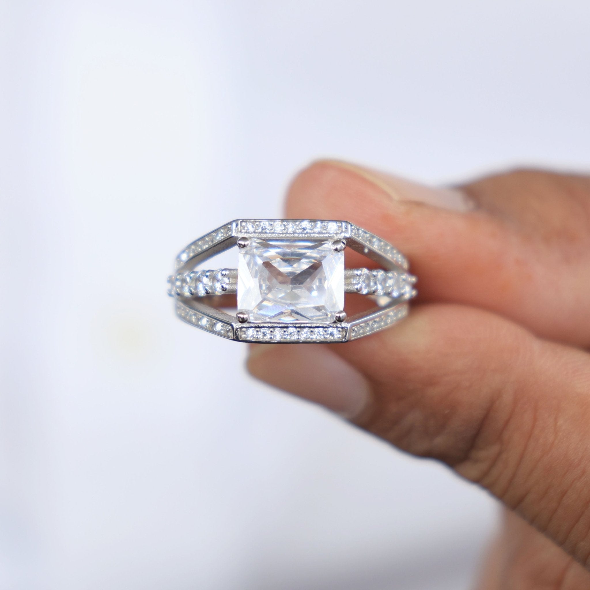 Radiant Cut Split Shank Three Row Pave Engagement Ring in Lab Grown Diamond - 14k Solid Gold, Men's Elegant Jewelry, Wedding Ring For Him - Shoora Designs