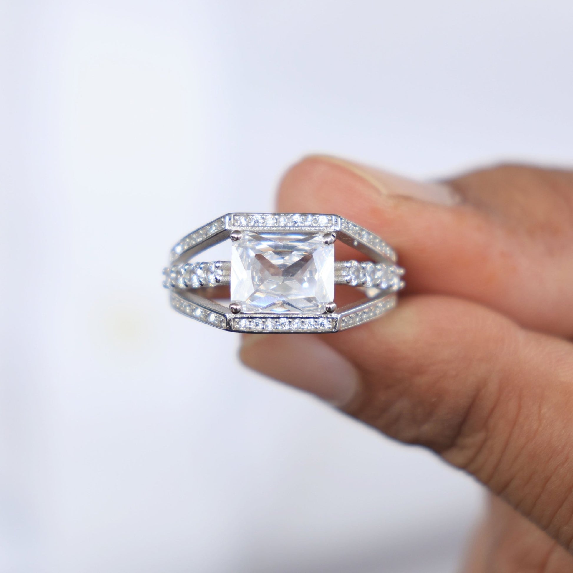 Radiant Cut Split Shank Three Row Pave Engagement Ring in Lab Grown Diamond - 14k Solid Gold, Men's Elegant Jewelry, Wedding Ring For Him - Shoora Designs