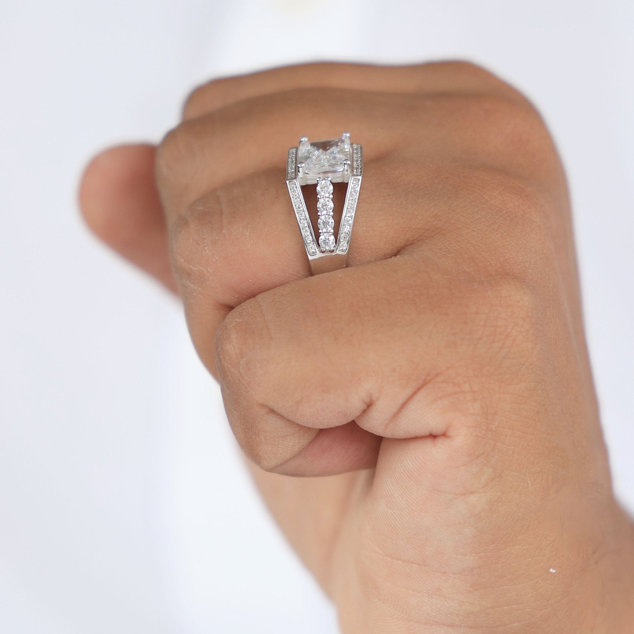 Radiant Cut Split Shank Three Row Pave Engagement Ring in Lab Grown Diamond - 14k Solid Gold, Men's Elegant Jewelry, Wedding Ring For Him - Shoora Designs