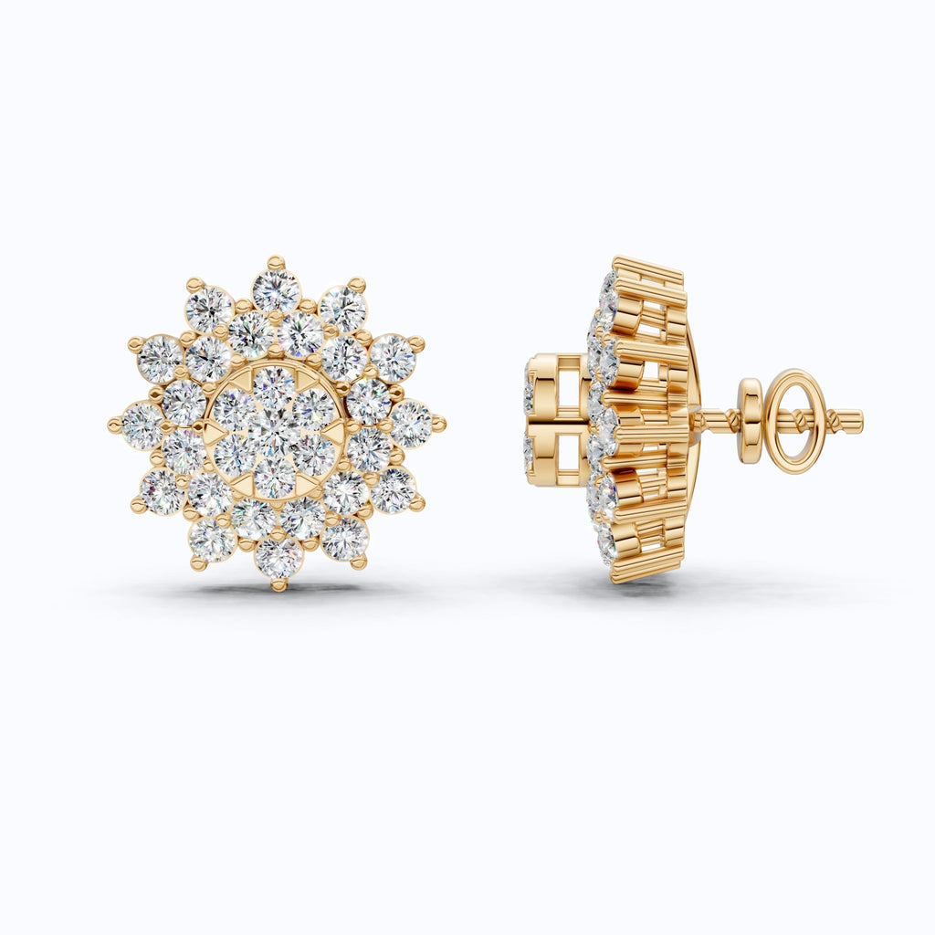 Round Cluster Sunflower Halo Studs Wedding Earrings in Lab Grown Diamond - 14k Solid Gold, Bridal Jewelry, Wedding Gift for Women - Shoora Designs