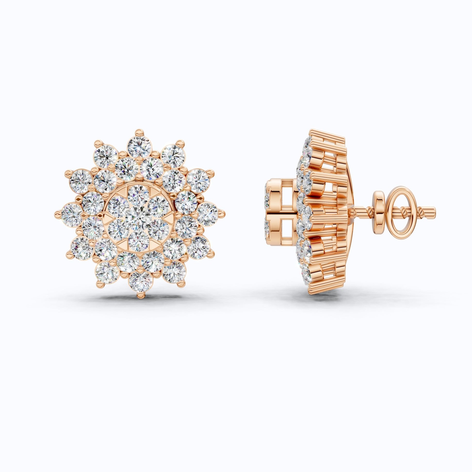 Round Cluster Sunflower Halo Studs Wedding Earrings in Lab Grown Diamond - 14k Solid Gold, Bridal Jewelry, Wedding Gift for Women - Shoora Designs