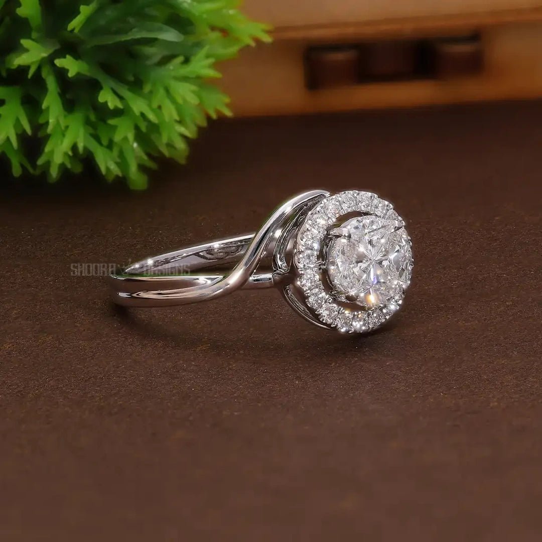 Round Cut Illusion Pie - Cut Halo Bypass Engagement Ring in 9K Solid Gold, 0.59 TCW Round Cut Natural Diamond Unique Ring, Anniversary Gift for Wife, Handmade Jewelry - Shoora Designs