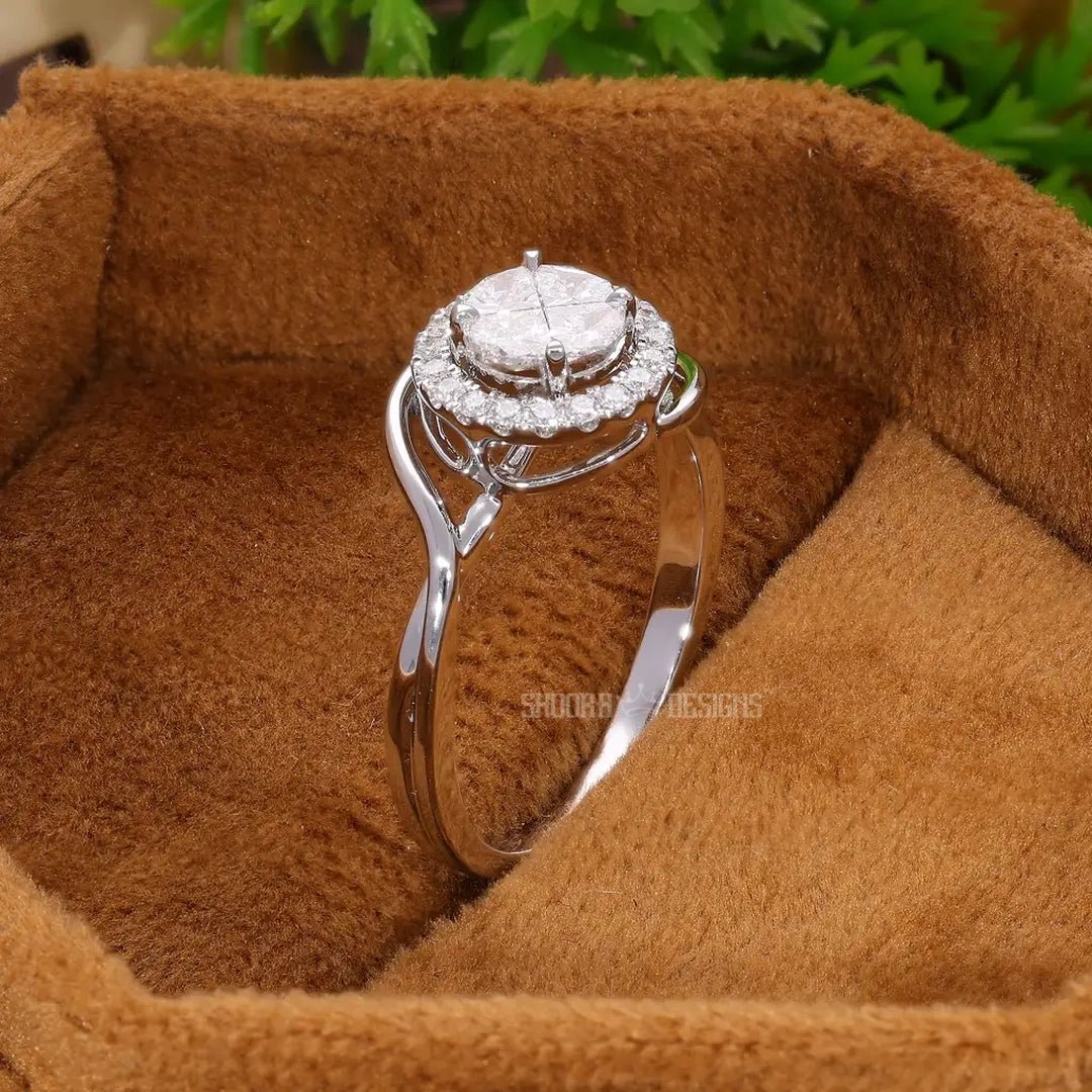 Round Cut Illusion Pie - Cut Halo Bypass Engagement Ring in 9K Solid Gold, 0.59 TCW Round Cut Natural Diamond Unique Ring, Anniversary Gift for Wife, Handmade Jewelry - Shoora Designs