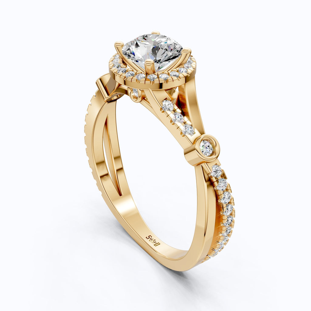 Round Halo Split Shank Engagement Ring in 14K Solid Gold, 0.70 CT Round Cut Lab Created Diamond, Proposal Ring, Gift for Her - Shoora Designs