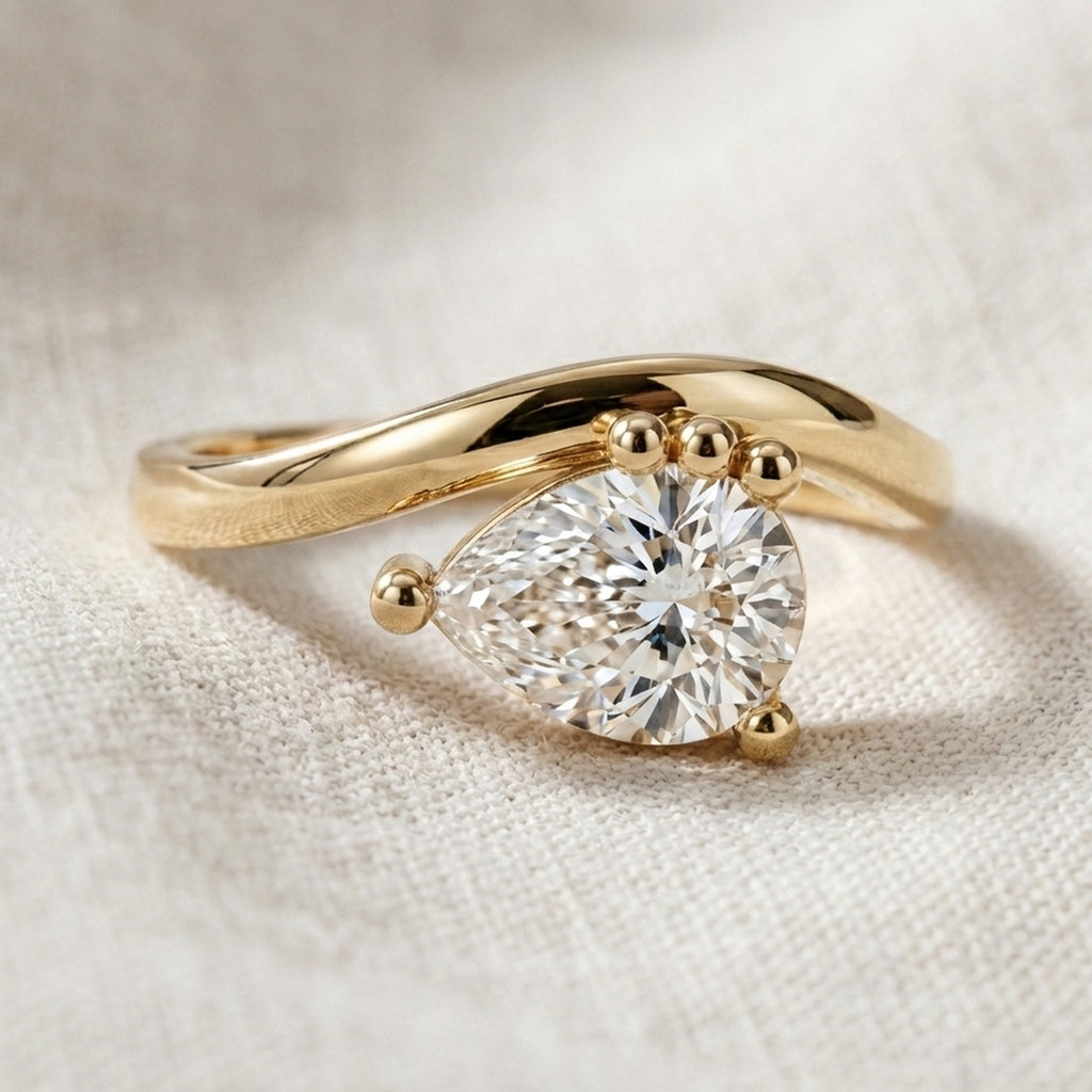 Elegant Curved Band Pear Solitaire Engagement Ring in 14k Solid Gold, 1.00 CT Pear Cut Lab Diamonds, Wedding Gift for Wife