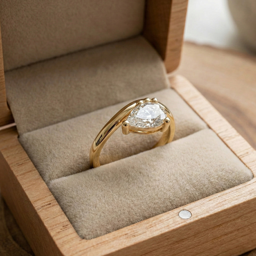 Elegant Curved Band Pear Solitaire Engagement Ring in 14k Solid Gold, 1.00 CT Pear Cut Lab Diamonds, Wedding Gift for Wife