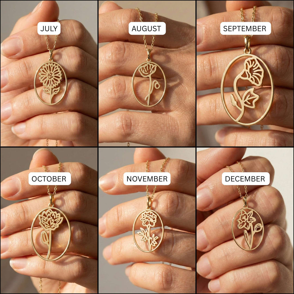 Minimalist Birth Month Flower Openwork Pendant in 14K Solid Gold or Silver, Birthday Gift for Her, Everyday Floral Jewelry