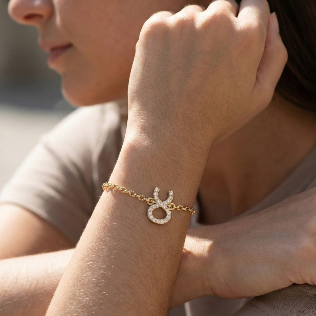 Taurus Zodiac Symbol Chain Bracelet in 14K Solid Gold, 0.22 TCW Round Cut Lab Grown Diamonds, Dainty Charm, Zodiac Gift for Her, Astrology Jewelry