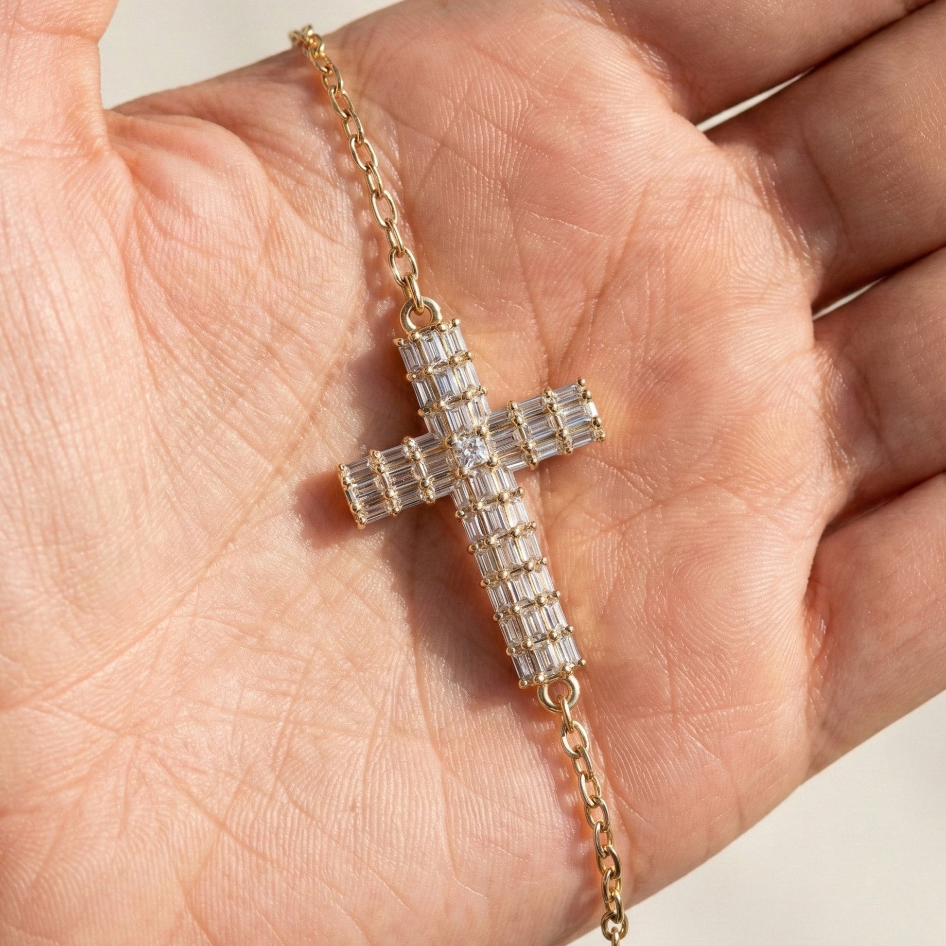 Sparkling Baguette Cluster Cross Bracelet in 14K Solid Gold, 1.80 TCW Baguette Cut Lab Created Diamonds, Stacking Bracelet, Bridal Jewelry, Wedding Gift for Her