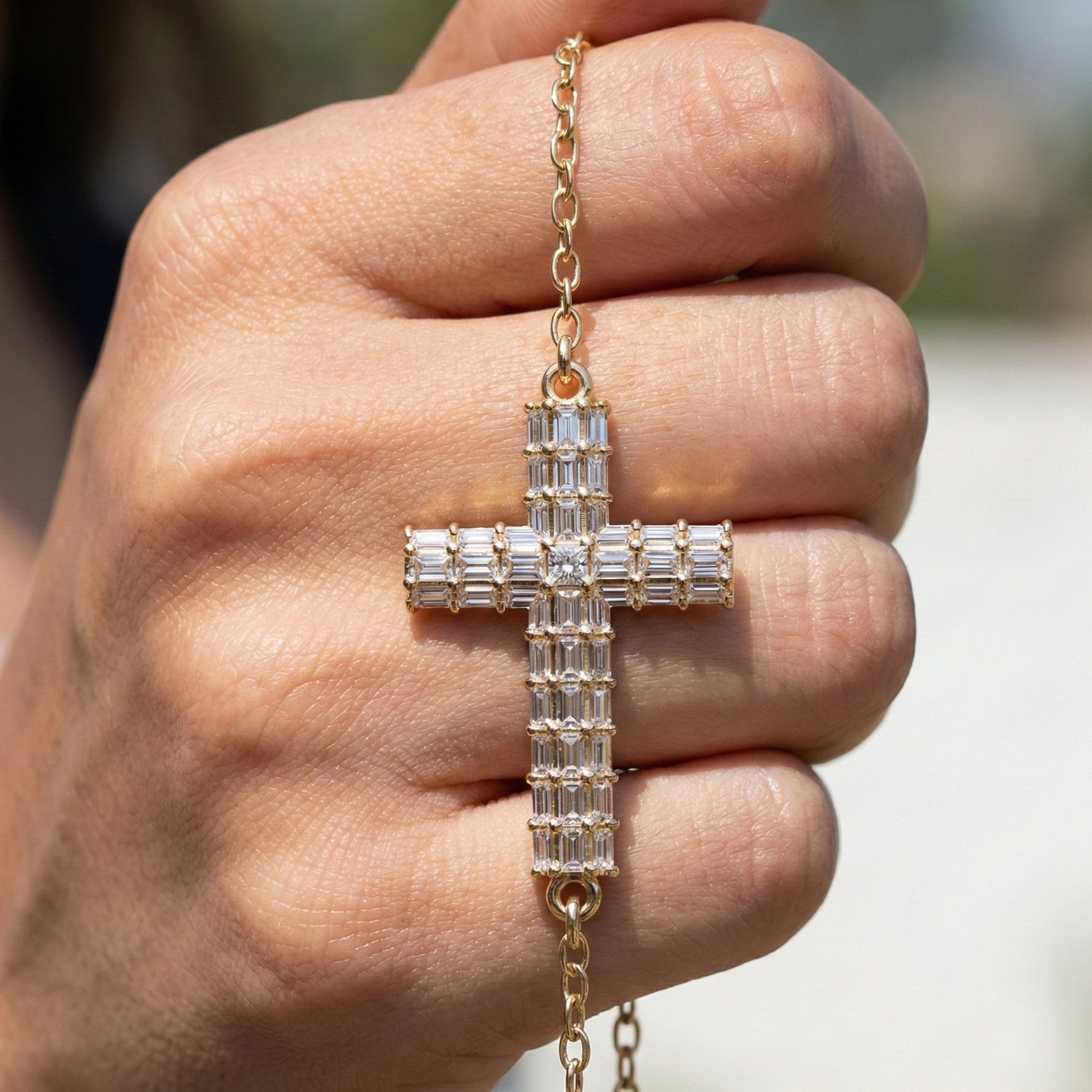 Sparkling Baguette Cluster Cross Bracelet in 14K Solid Gold, 1.80 TCW Baguette Cut Lab Created Diamonds, Stacking Bracelet, Bridal Jewelry, Wedding Gift for Her