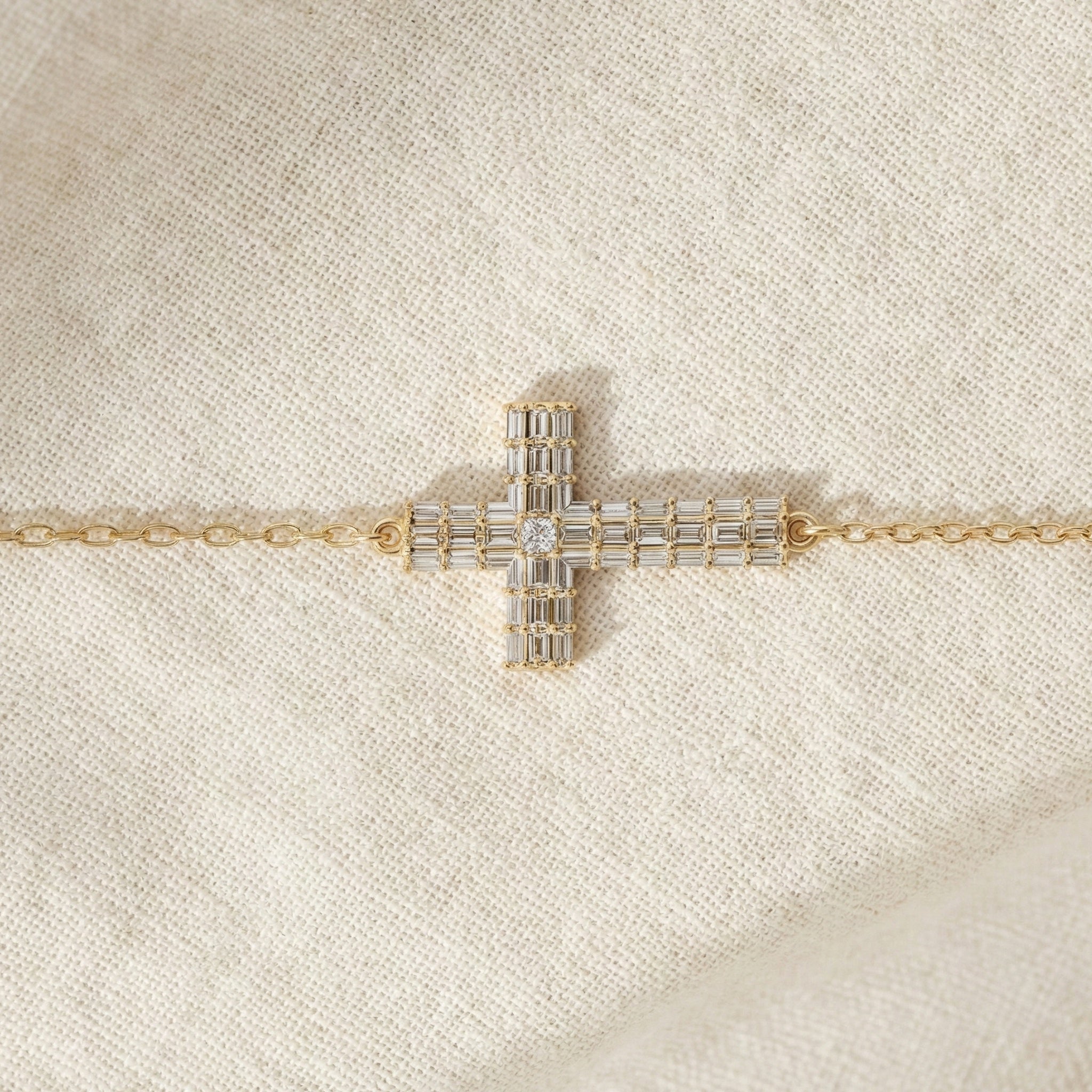 Sparkling Baguette Cluster Cross Bracelet in 14K Solid Gold, 1.80 TCW Baguette Cut Lab Created Diamonds, Stacking Bracelet, Bridal Jewelry, Wedding Gift for Her