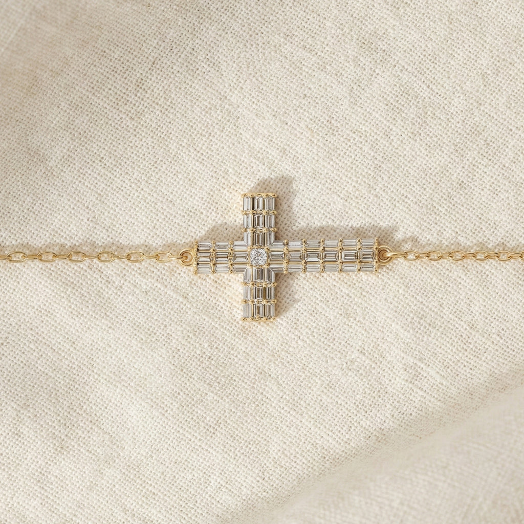 Sparkling Baguette Cluster Cross Bracelet in 14K Solid Gold, 1.80 TCW Baguette Cut Lab Created Diamonds, Stacking Bracelet, Bridal Jewelry, Wedding Gift for Her
