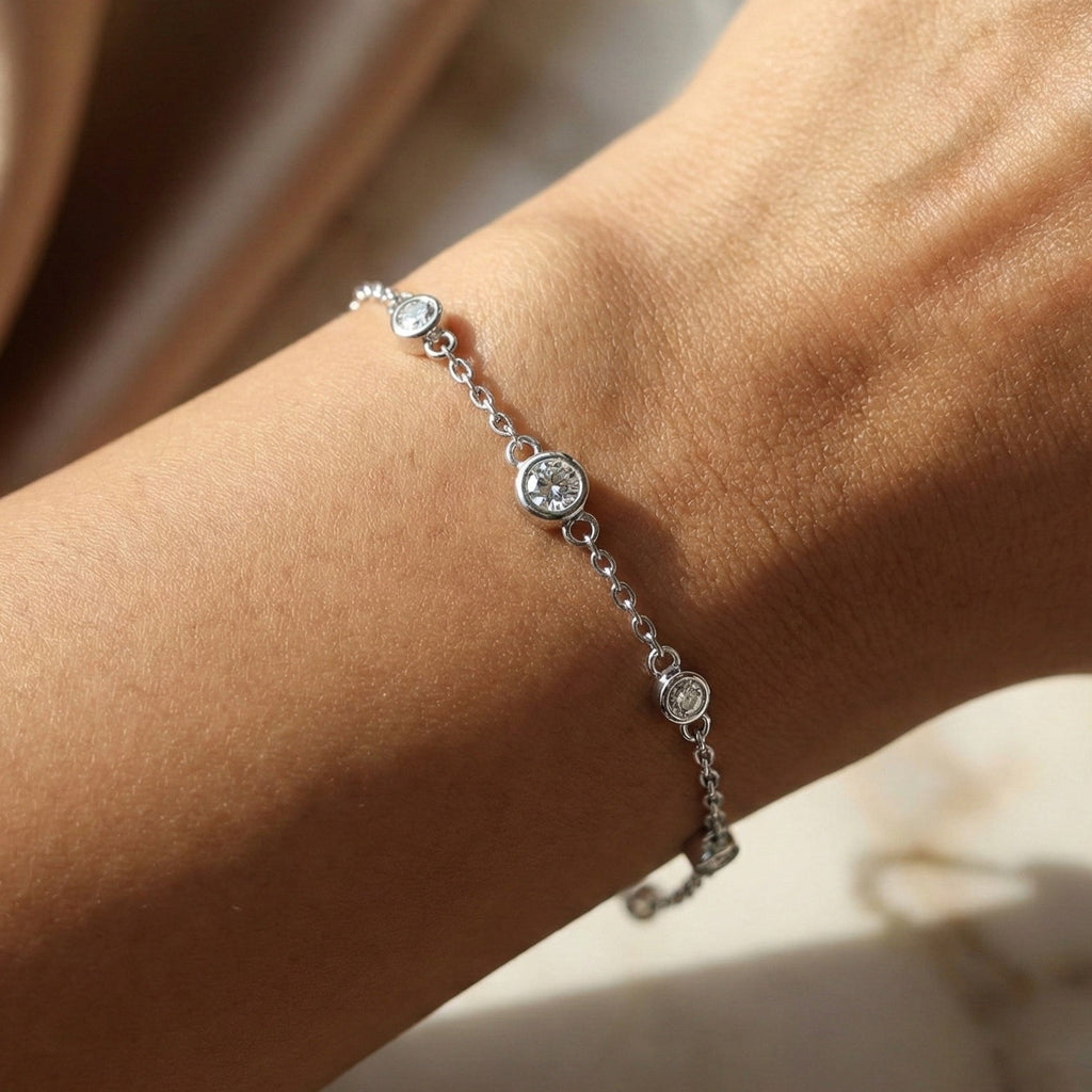 Minimalist Bezel Set Station Chain Bracelet in 14k Solid Gold, 0.35 TCW Round Cut Lab Grown Diamonds, Handmade Bridal Jewelry, Anniversary Gift for Her