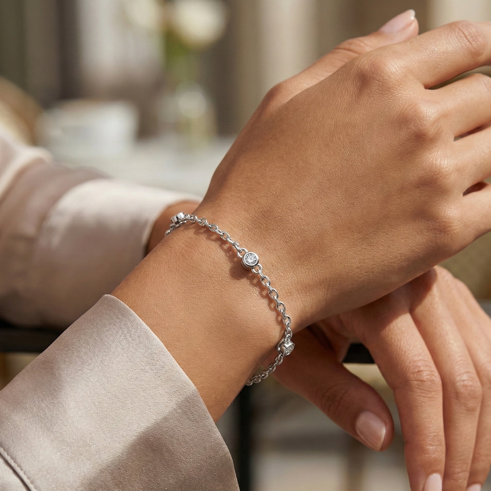 Minimalist Bezel Set Station Chain Bracelet in 14k Solid Gold, 0.35 TCW Round Cut Lab Grown Diamonds, Handmade Bridal Jewelry, Anniversary Gift for Her