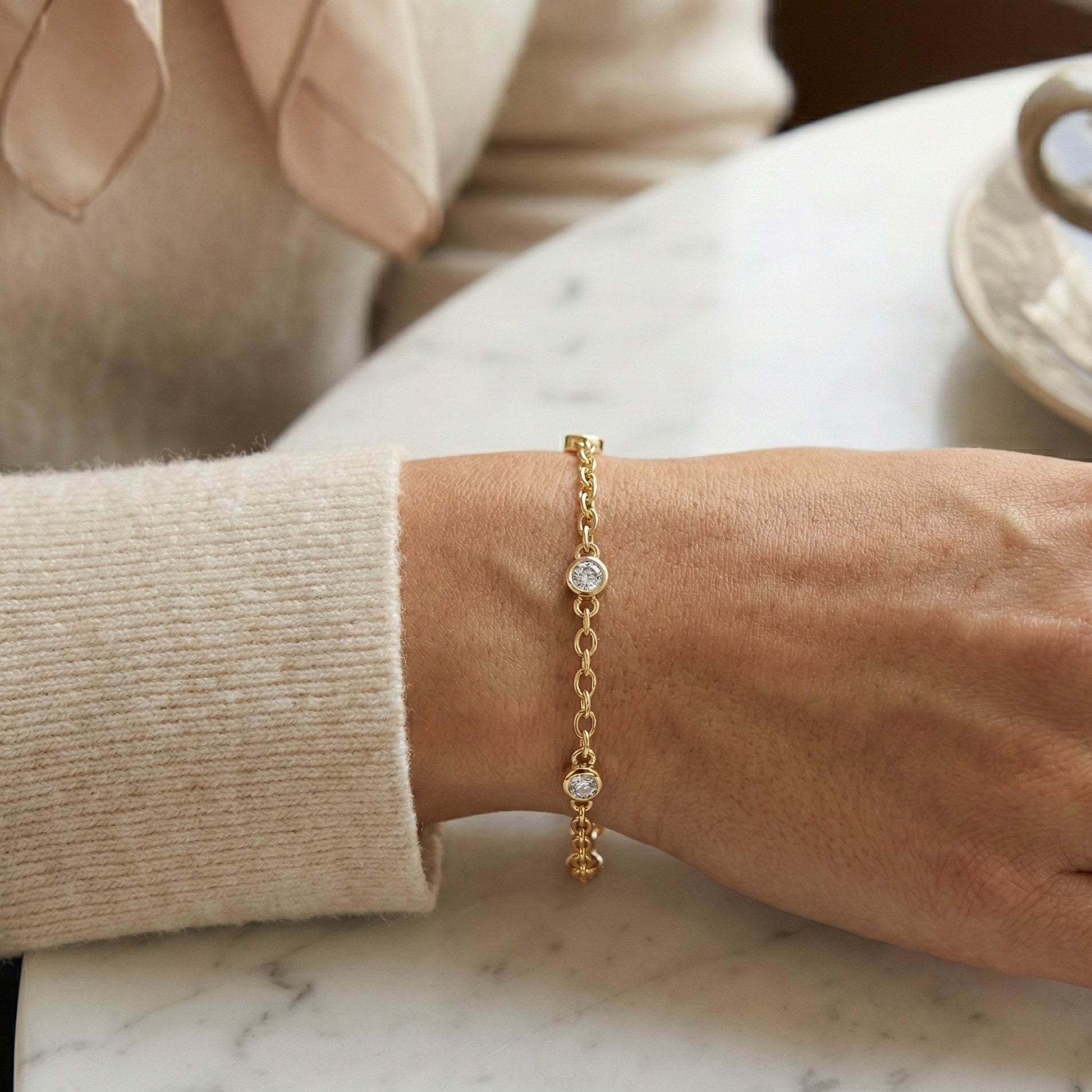 Minimalist Bezel Set Station Chain Bracelet in 14k Solid Gold, 0.35 TCW Round Cut Lab Grown Diamonds, Handmade Bridal Jewelry, Anniversary Gift for Her